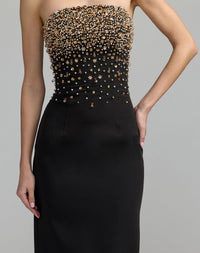 Mac Duggal #2367 black beaded strapless crepe midi dress