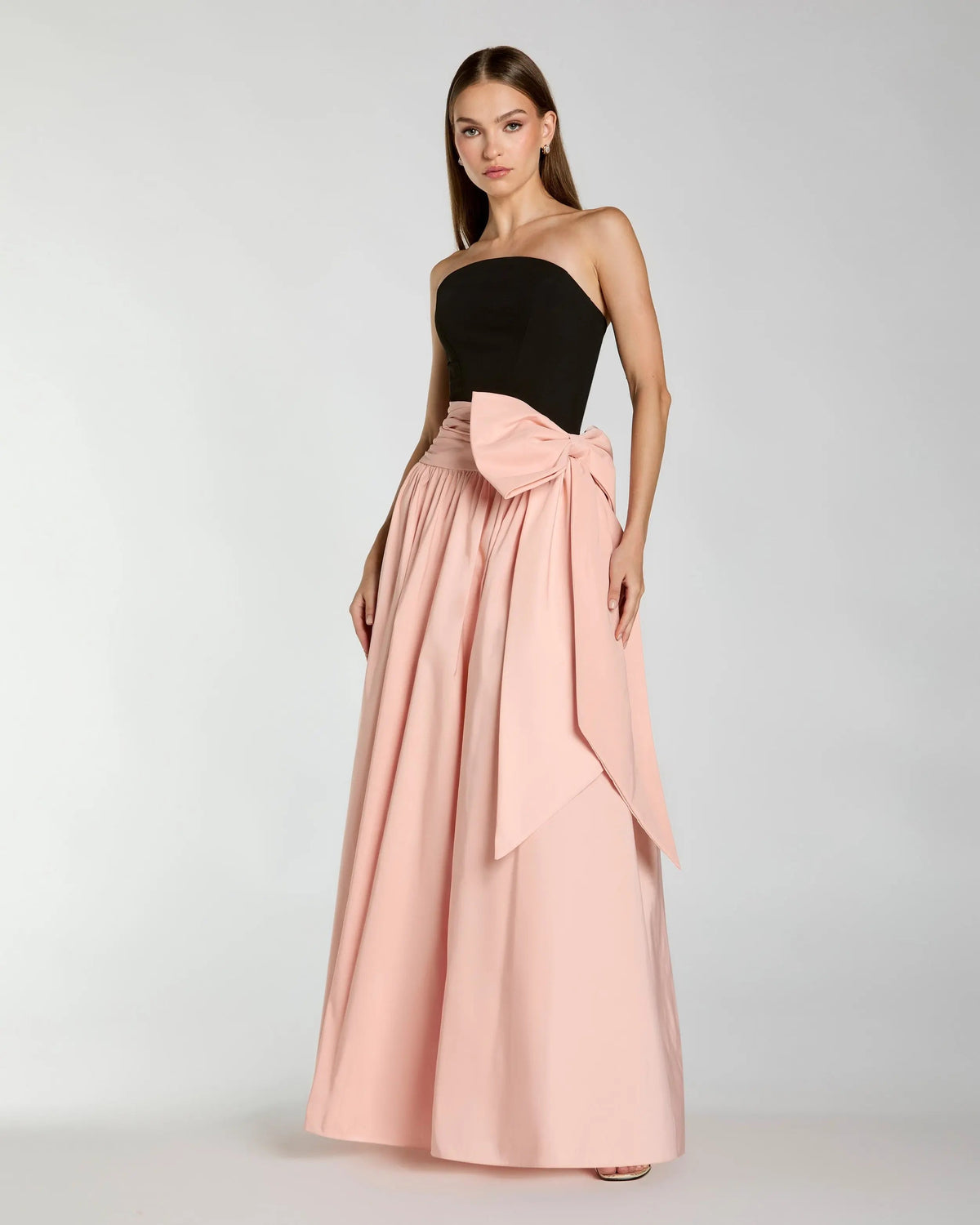 Black Pink Strapless Gown With Oversized Bow