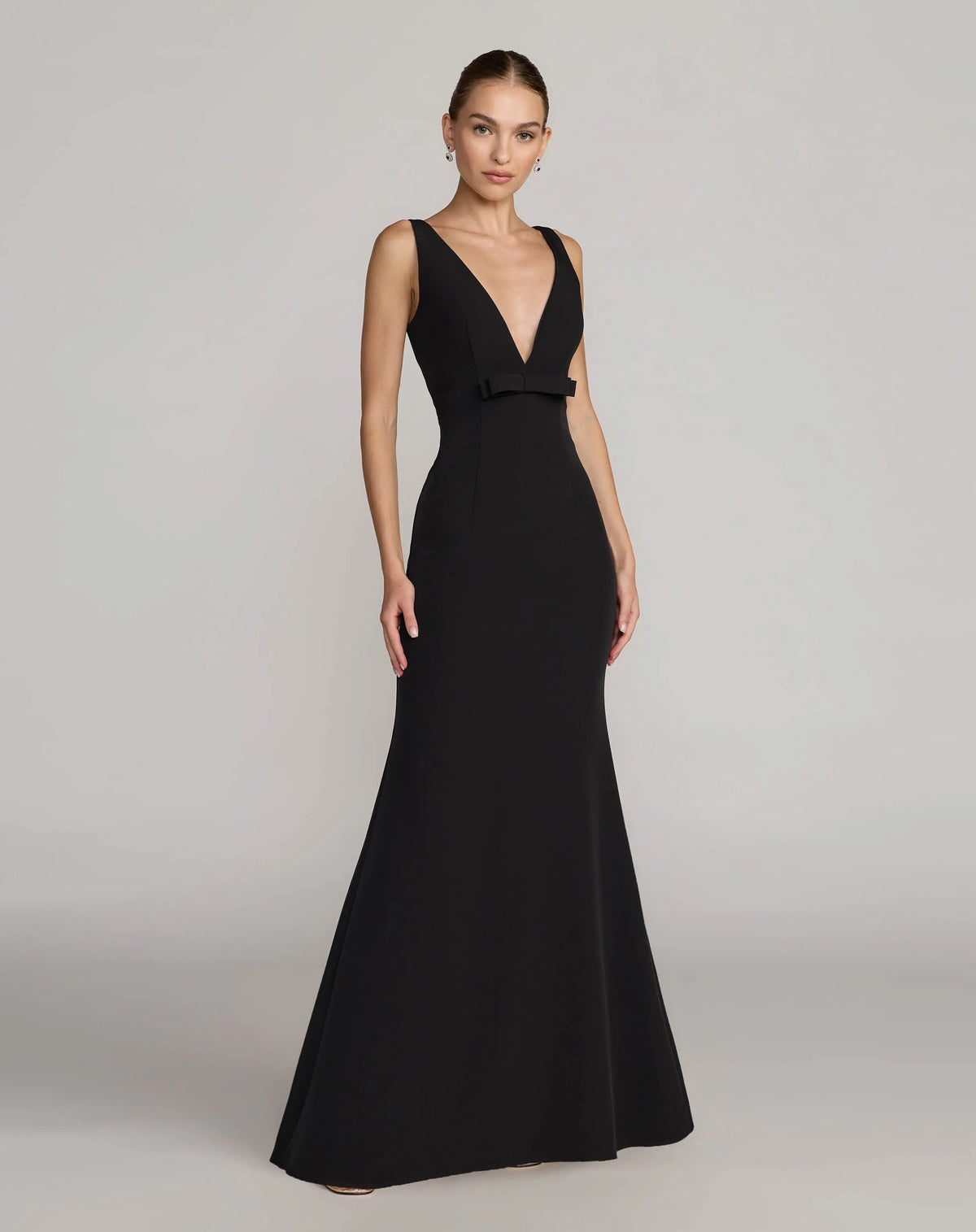 Mac Duggal #2371 black sleeveless v neck mermaid gown with bow