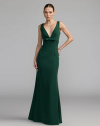 Mac Duggal #2371 emerald crepe sleeveless v neck mermaid gown with bow