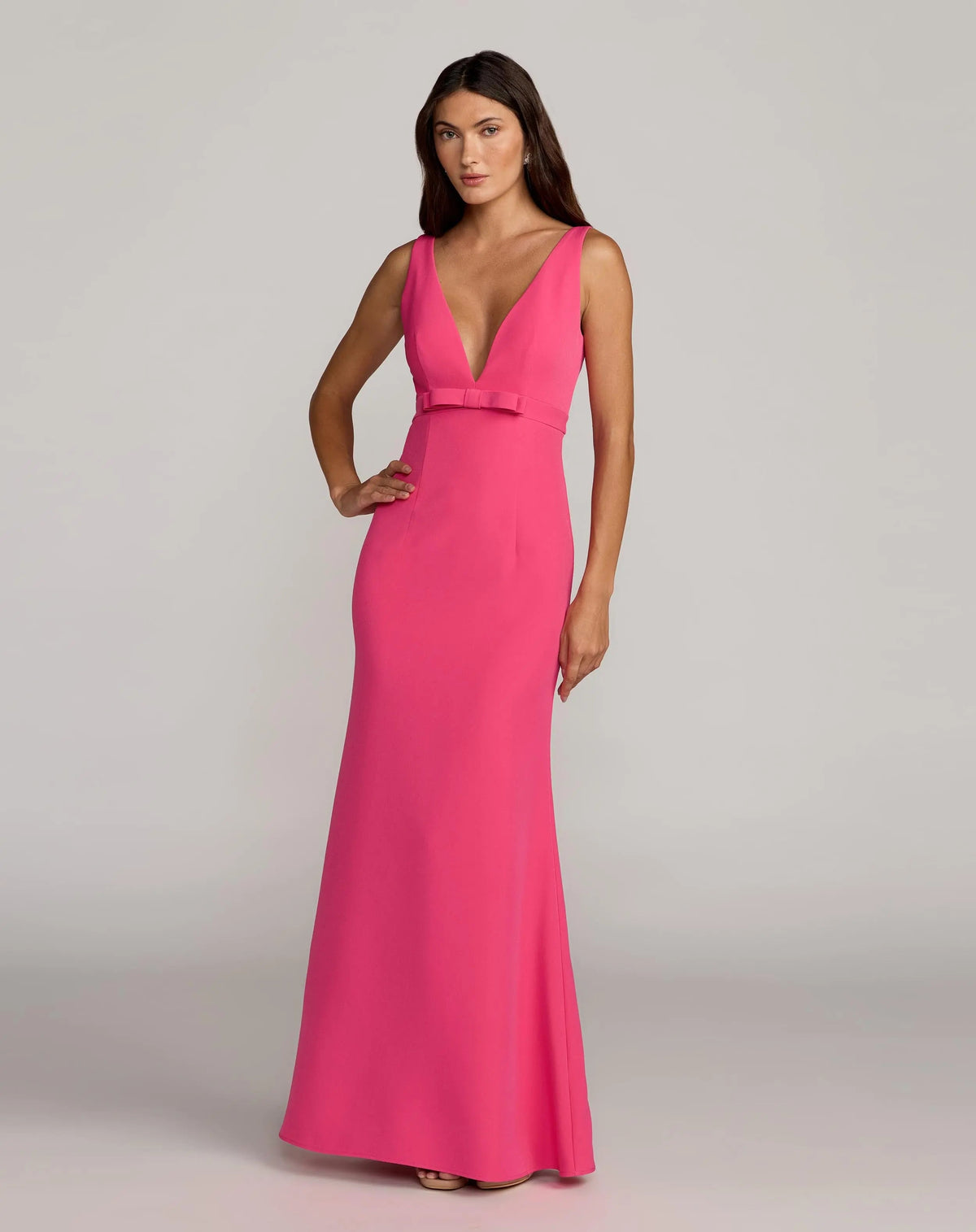 Mac Duggal #2371 hot pink crepe v-neck mermaid gown with bow