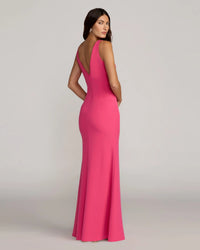 Mac Duggal #2371 hot pink crepe v-neck mermaid gown with bow