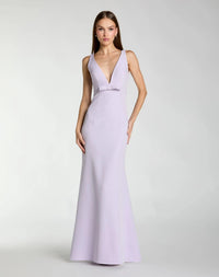 Mac Duggal #2371 lilac sleeveless v neck mermaid gown with bow