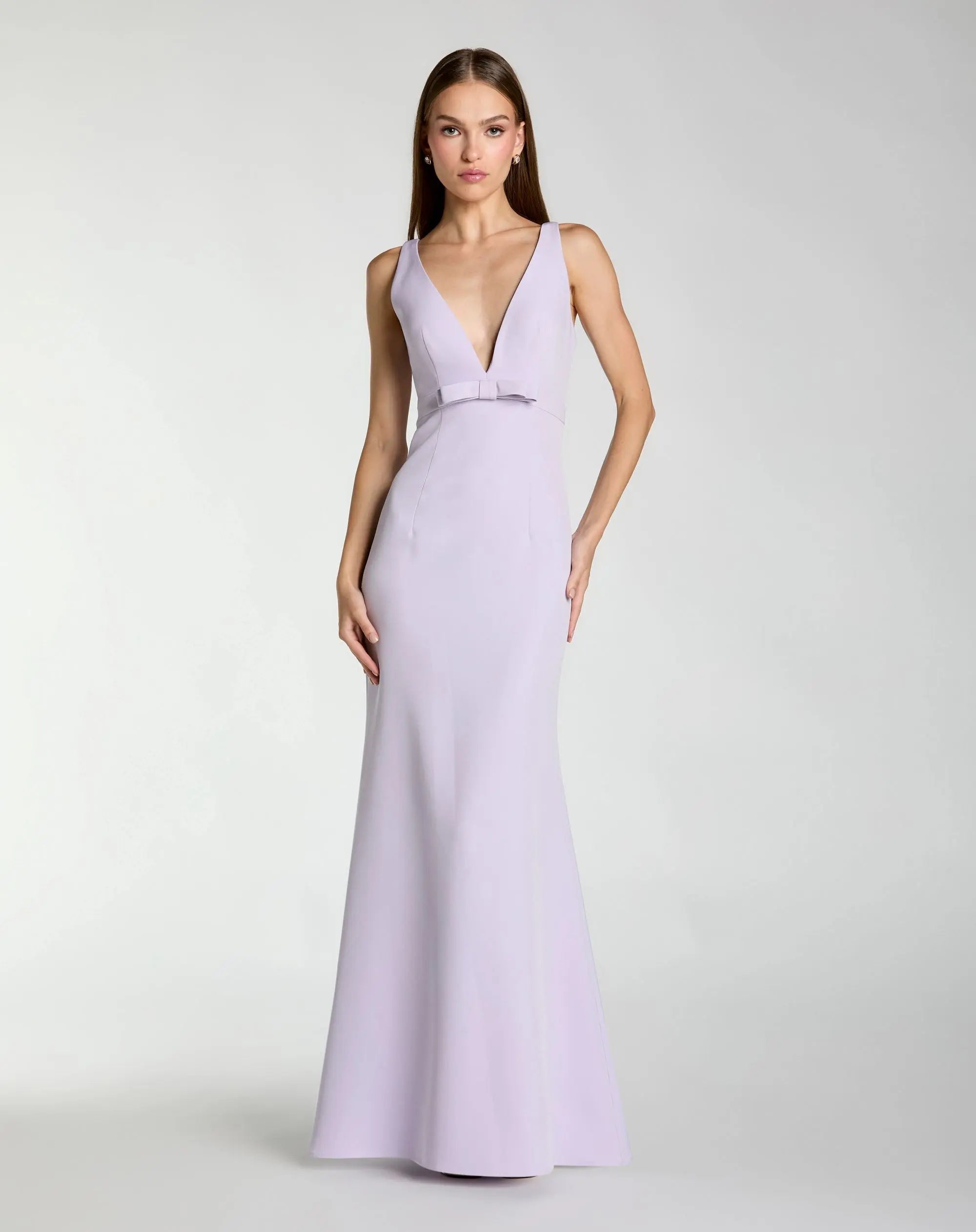 Mac Duggal #2371 lilac sleeveless v neck mermaid gown with bow