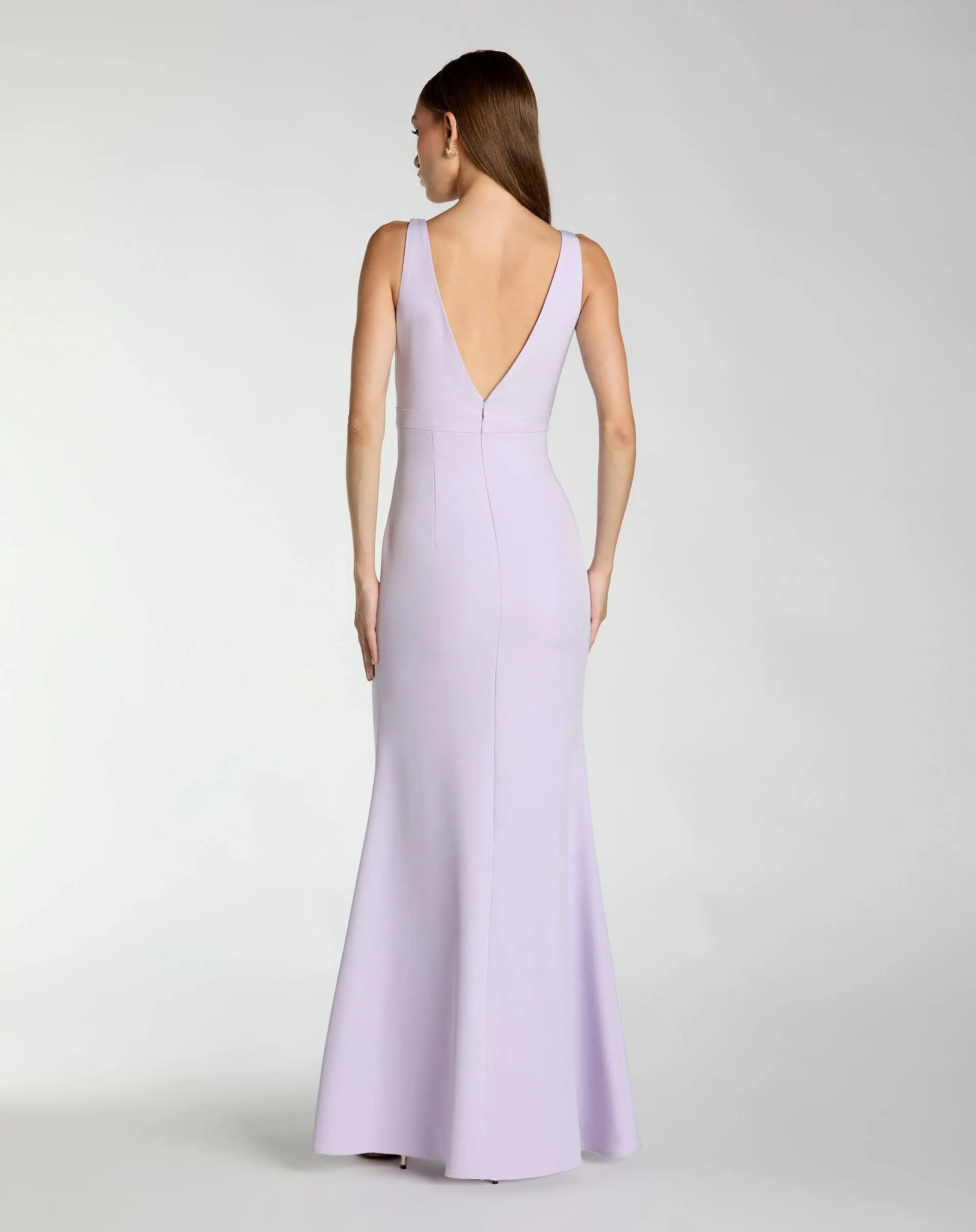 Mac Duggal #2371 lilac sleeveless v neck mermaid gown with bow