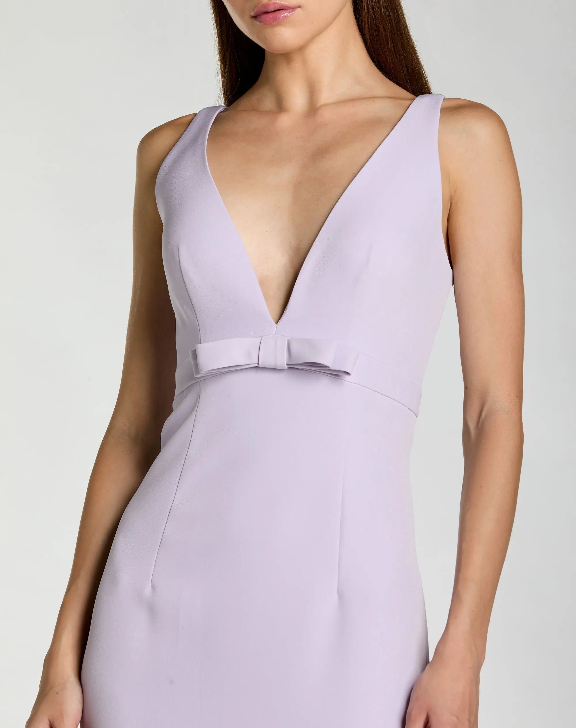 Mac Duggal #2371 lilac sleeveless v neck mermaid gown with bow