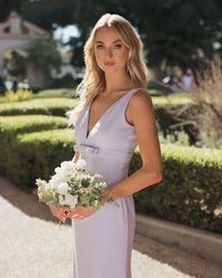 Mac Duggal #2371 lilac sleeveless v neck mermaid gown with bow
