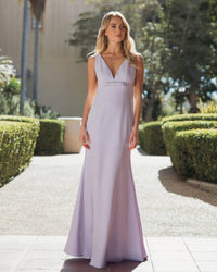 Mac Duggal #2371 lilac sleeveless v neck mermaid gown with bow