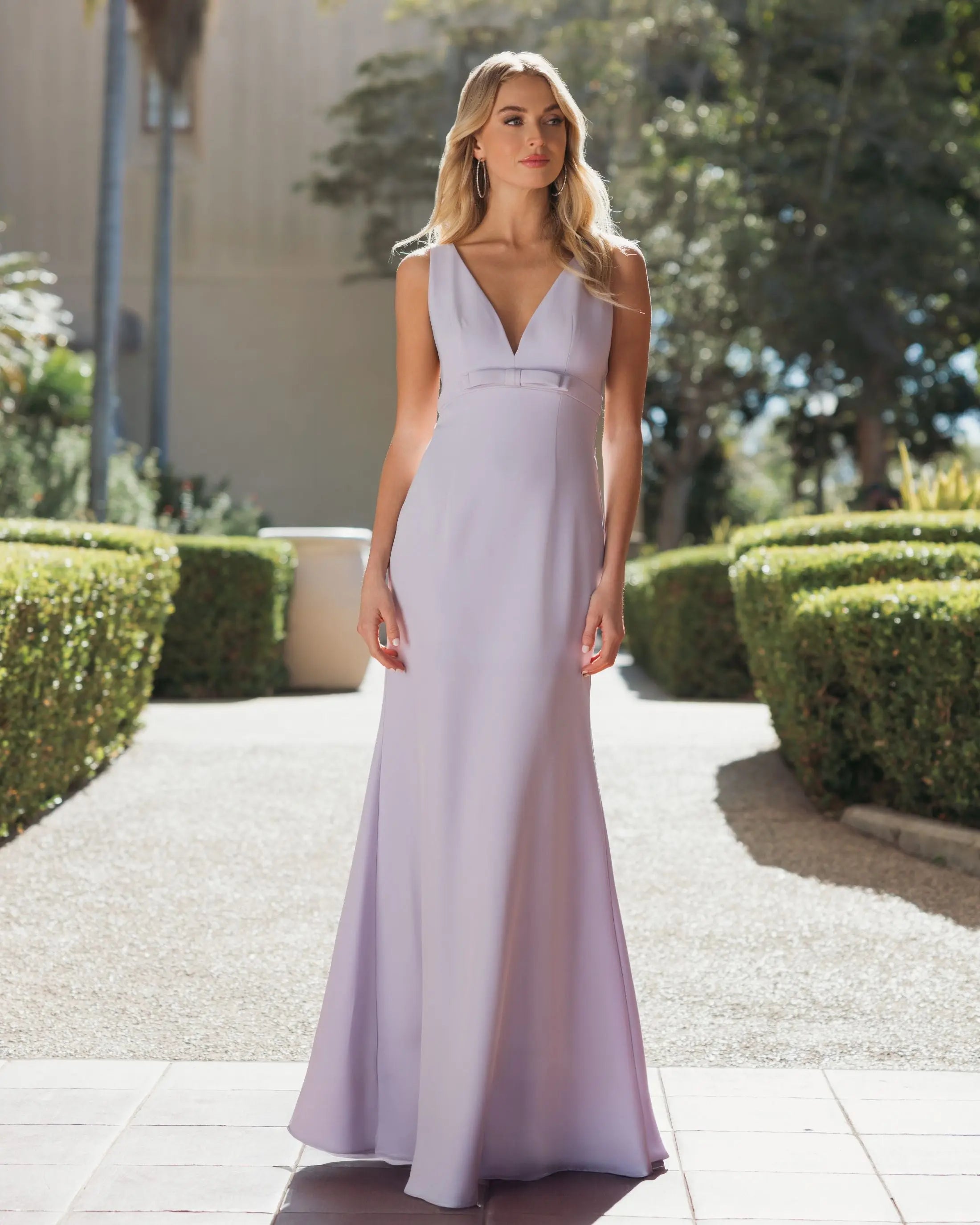 Mac Duggal #2371 lilac sleeveless v neck mermaid gown with bow