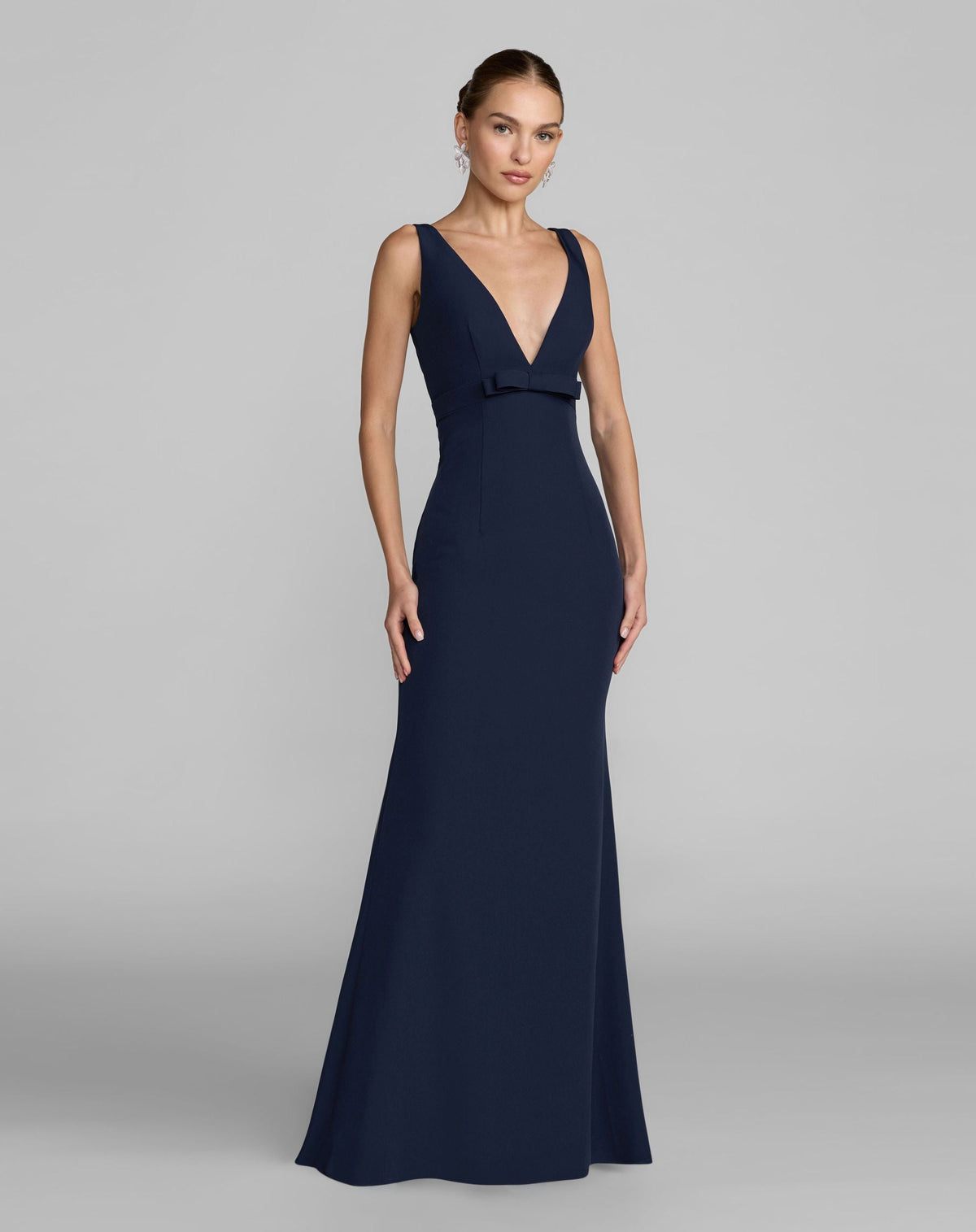 Mac Duggal #2371 midnight sleeveless v neck mermaid gown with bow