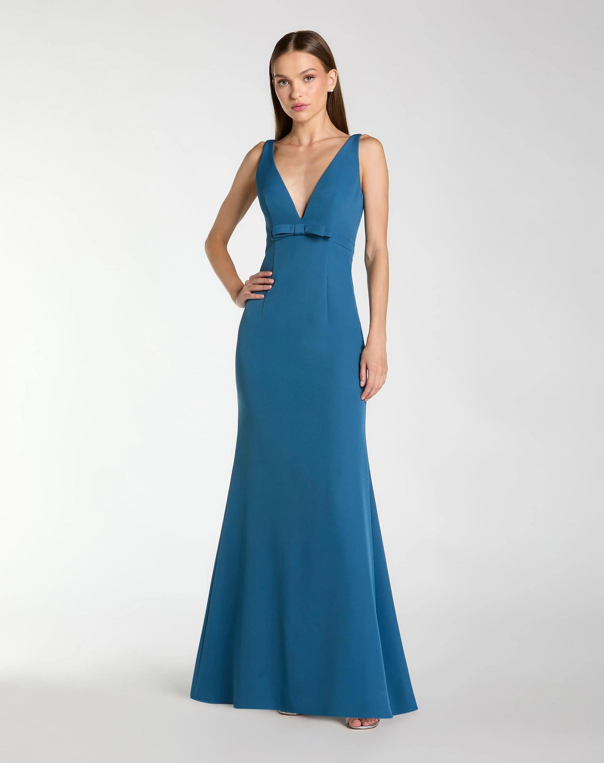 Mac Duggal #2371 ocean crepe sleeveless v neck mermaid gown with bow