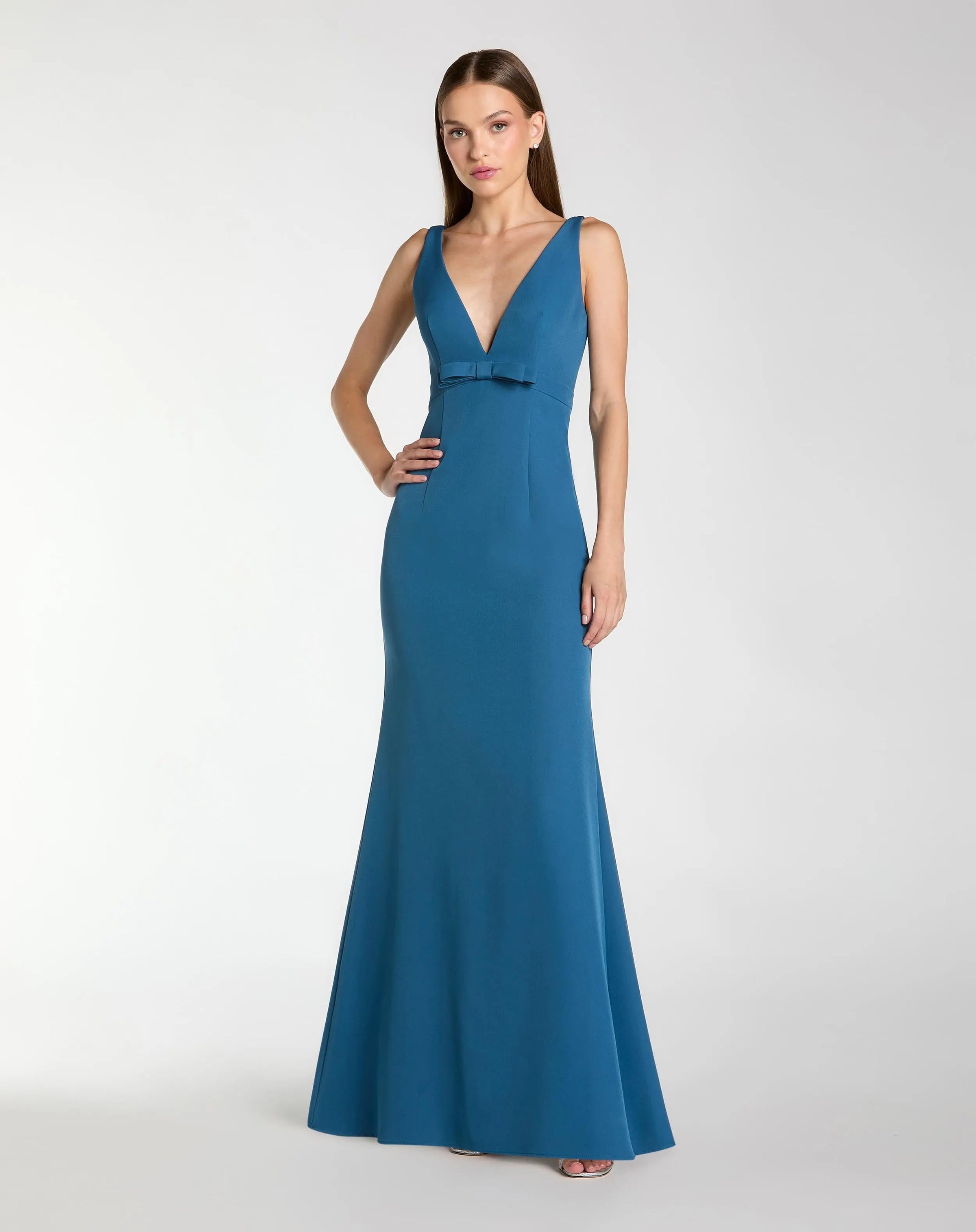 Mac Duggal #2371 ocean crepe sleeveless v neck mermaid gown with bow