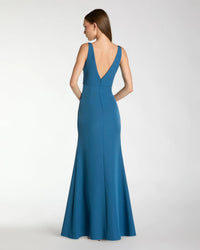 Mac Duggal #2371 ocean crepe sleeveless v neck mermaid gown with bow