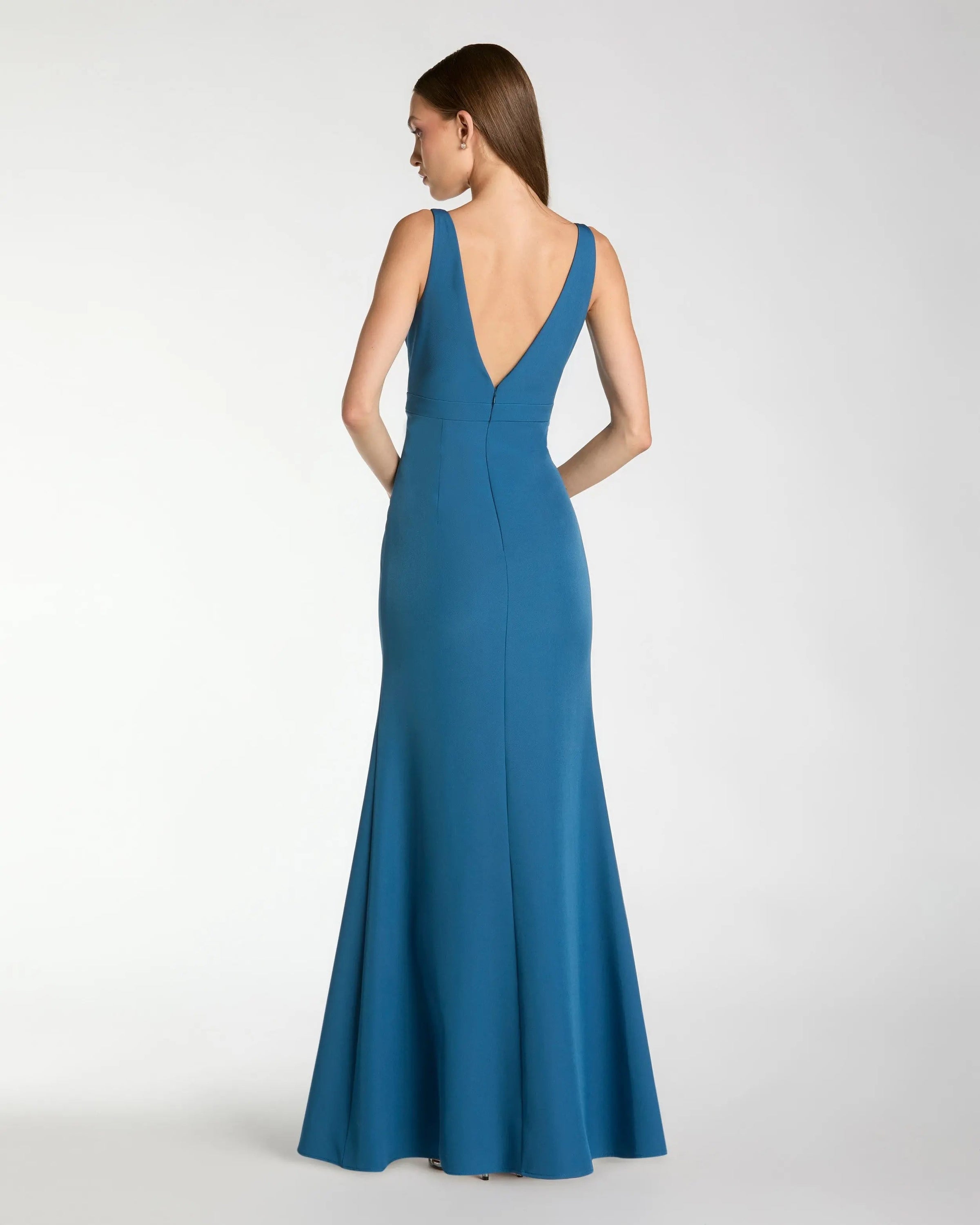 Mac Duggal #2371 ocean crepe sleeveless v neck mermaid gown with bow