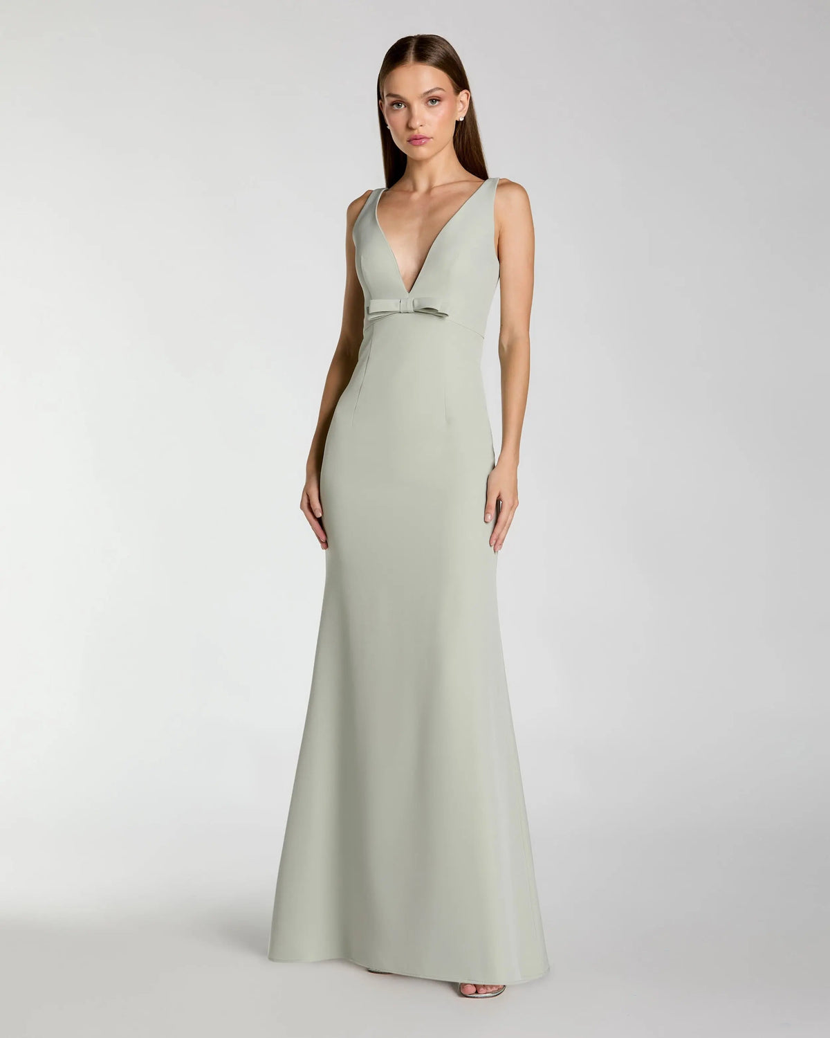Mac Duggal #2371 sage crepe v-neck mermaid gown with bow