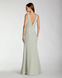 Mac Duggal #2371 sage crepe v-neck mermaid gown with bow