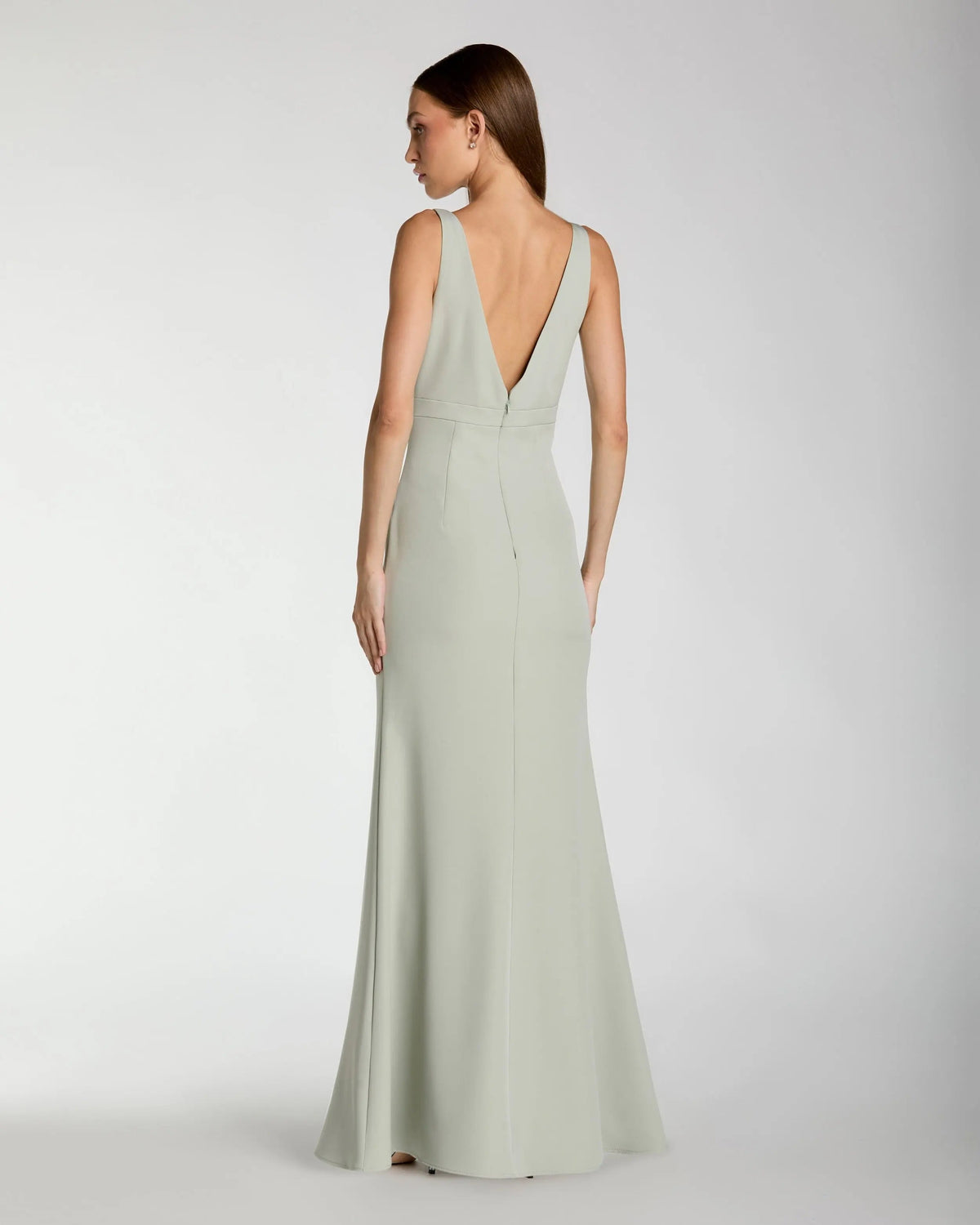 Mac Duggal #2371 sage crepe v-neck mermaid gown with bow