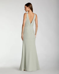 Mac Duggal Sage Crepe Sleeveless V Neck Mermaid Gown With Bow #2371