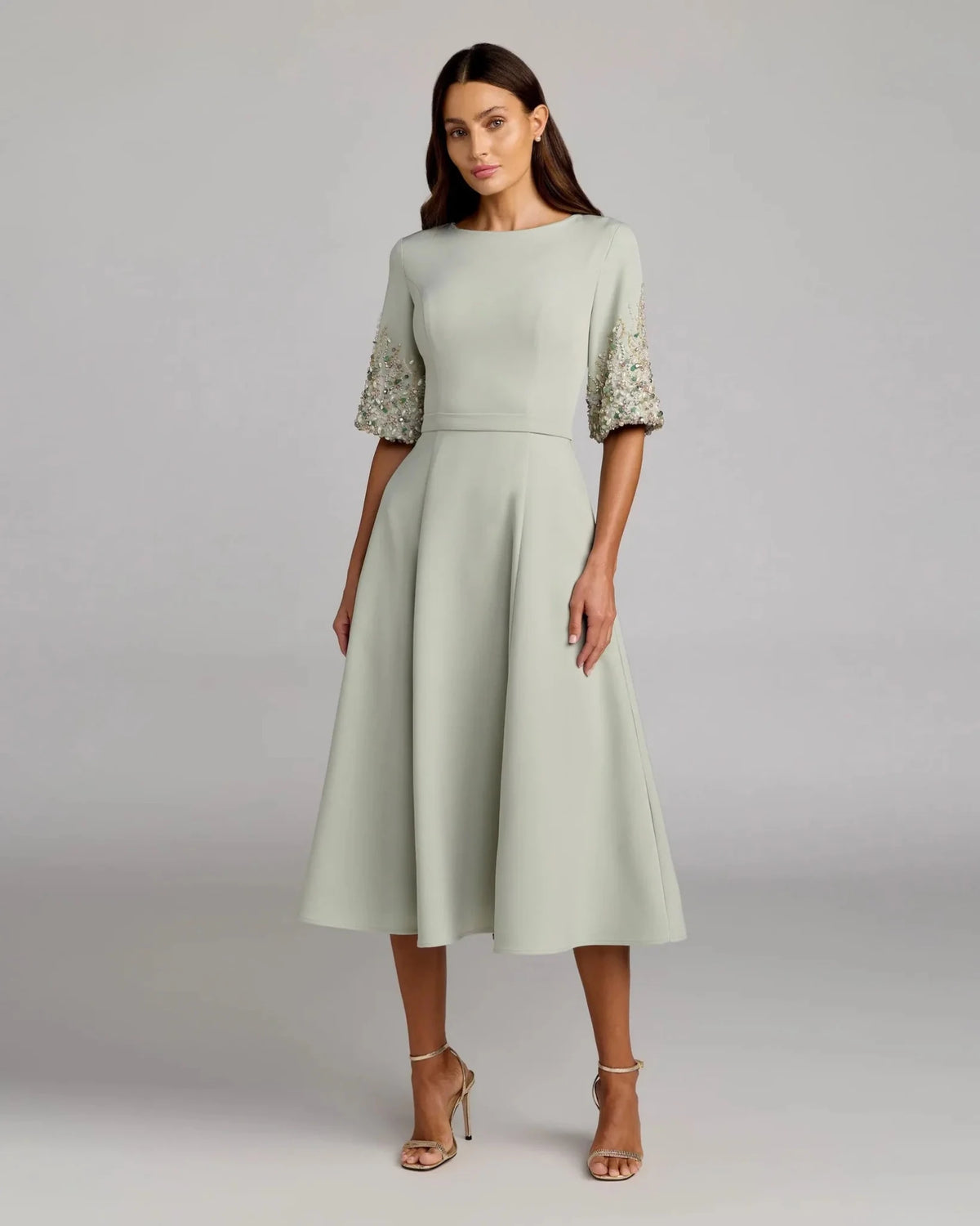 Sage Crepe A Line Midi Dress With Beaded Sleeves