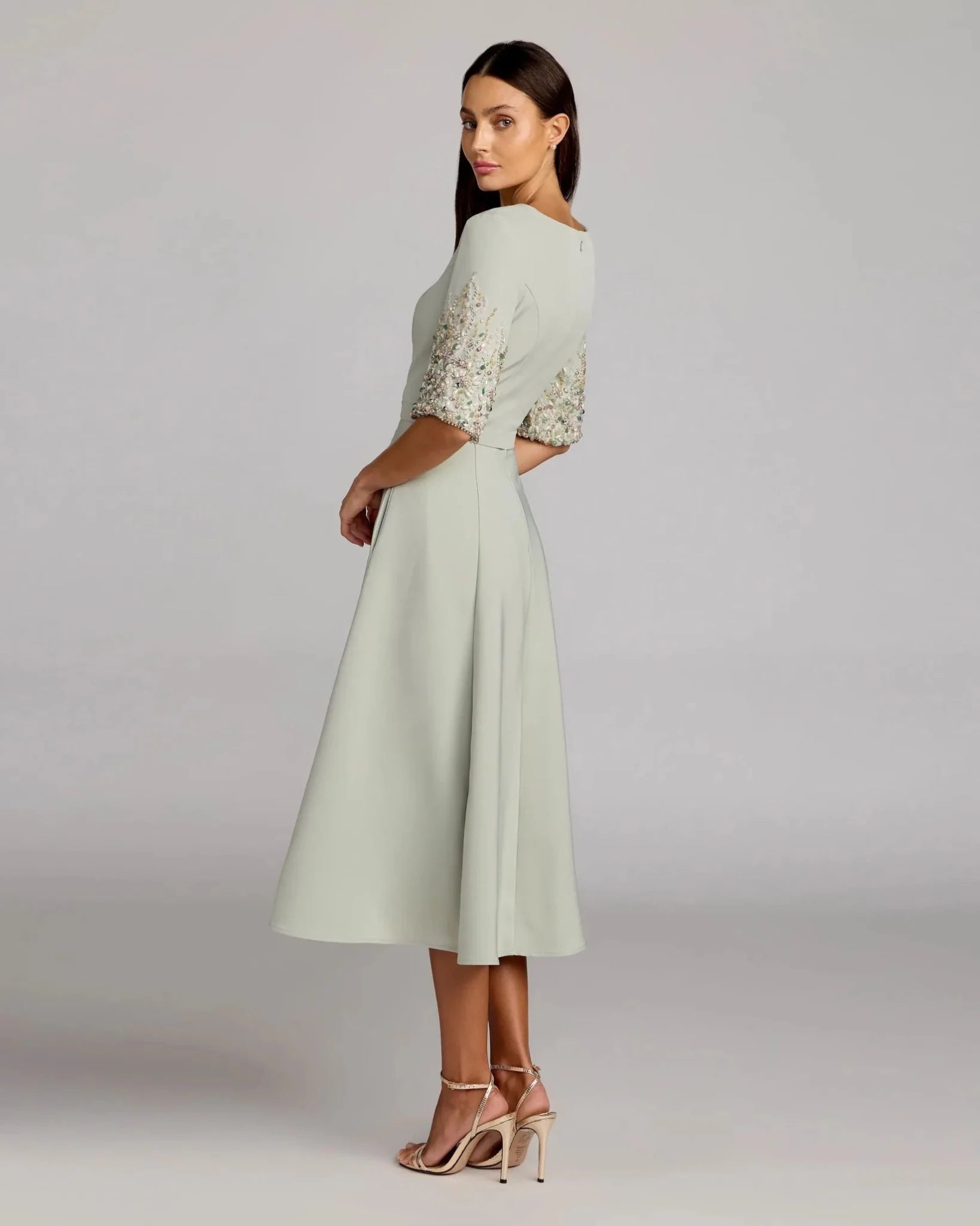 Sage Crepe A Line Midi Dress With Beaded Sleeves