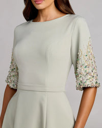 Sage Crepe A Line Midi Dress With Beaded Sleeves
