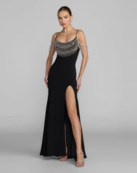 Mac Duggal #2375 Beaded jersey scoop back gown with slit 