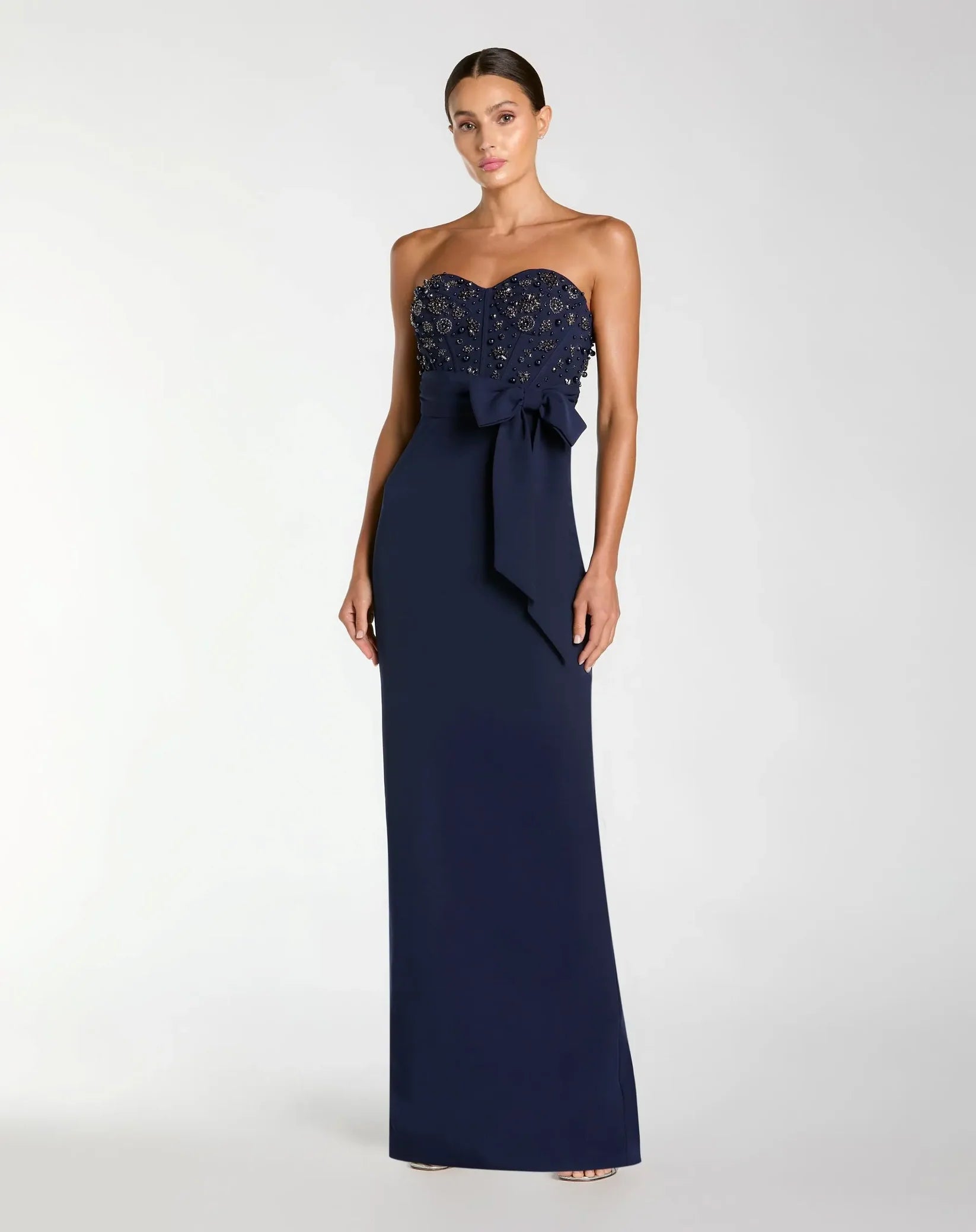 Mac Duggal Navy Strapless Embellished Bustier Gown with Bow #2395 Midnight 
