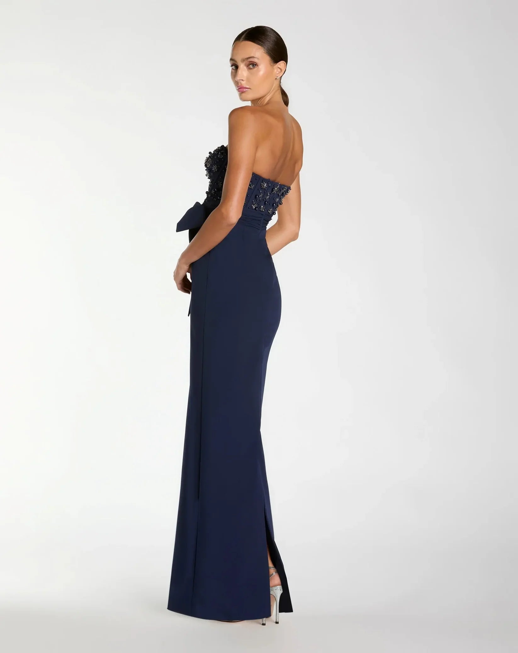 Mac Duggal Navy Strapless Embellished Bustier Gown with Bow #2395 Midnight 