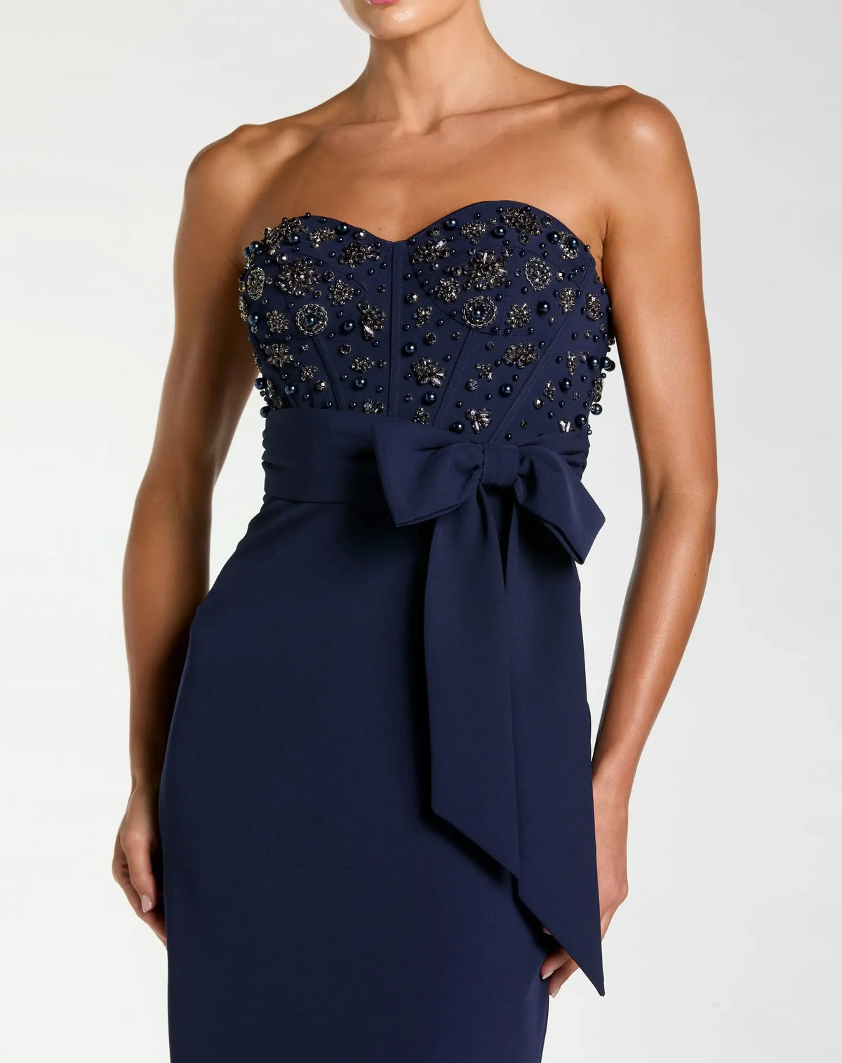 Mac Duggal Navy Strapless Embellished Bustier Gown with Bow #2395 Midnight 