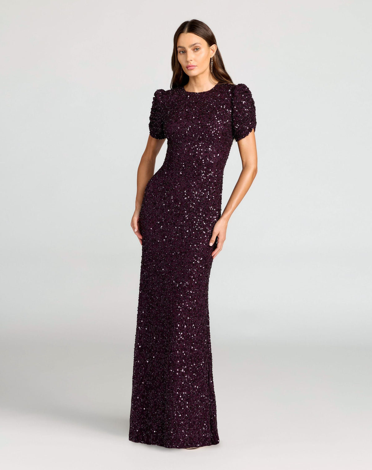 Mac Duggal #24003 Blackberry gathered short sleeve beaded sequin gown