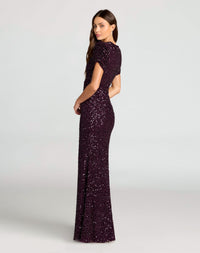 Mac Duggal #24003 Blackberry gathered short sleeve beaded sequin gown
