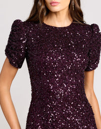 Mac Duggal #24003 Blackberry gathered short sleeve beaded sequin gown