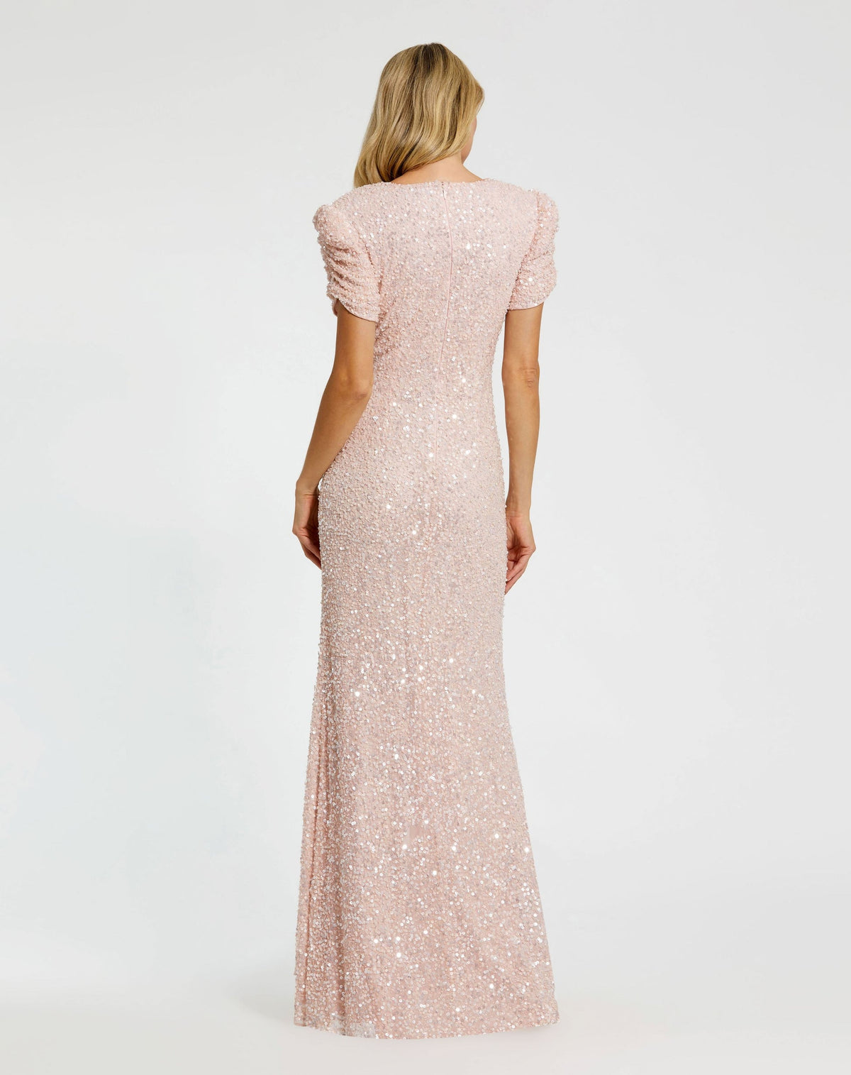 Gathered Short Sleeve Beaded Sequin Gown - Black
