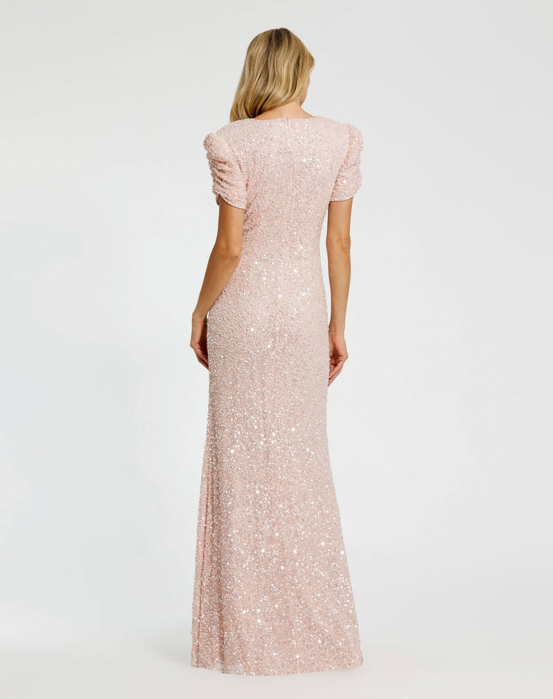 Pink Gathered Short Sleeve Beaded Sequin Gown - Blush Pink