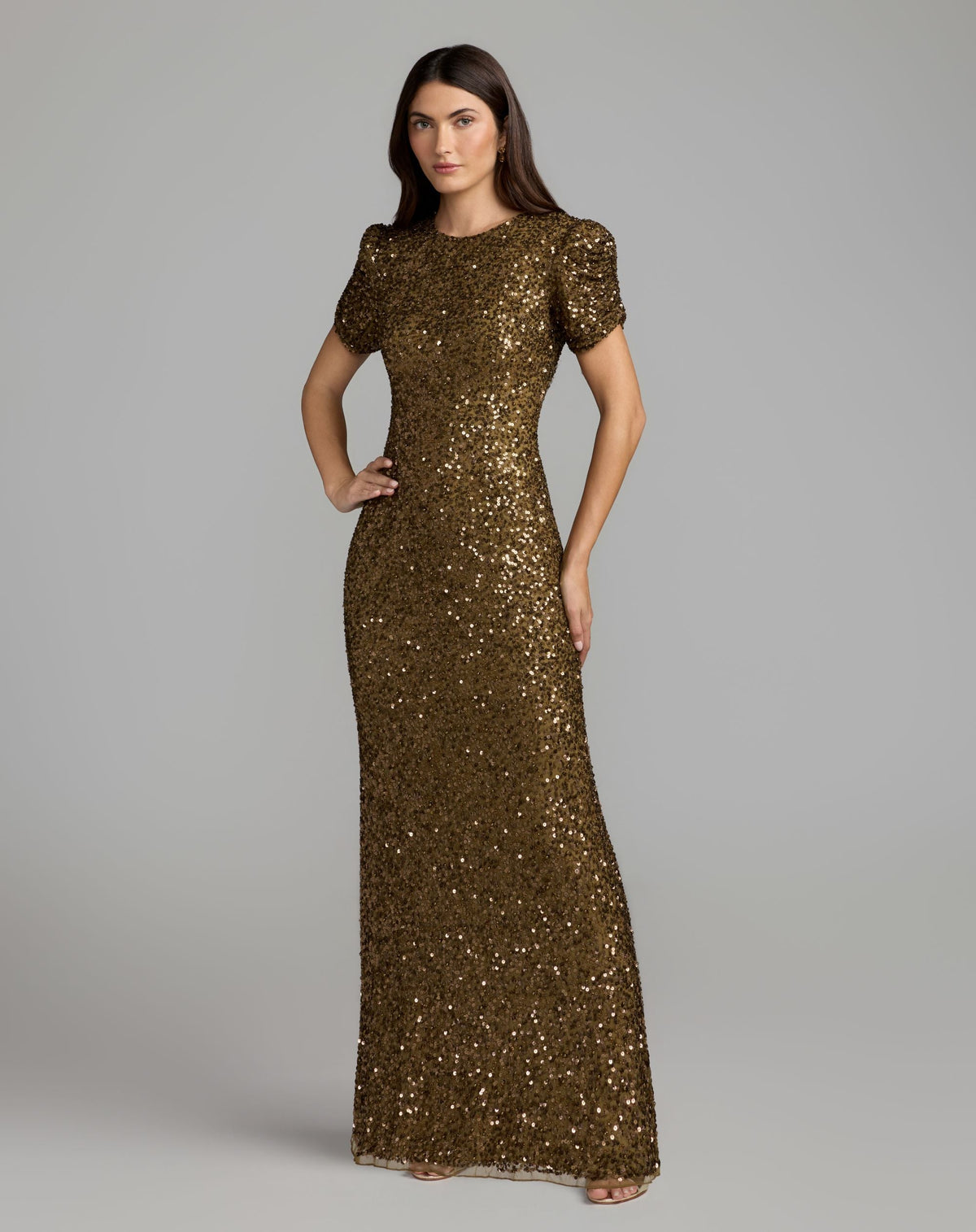 Mac Duggal #24003 chocolate brown gathered short sleeve embellished gown