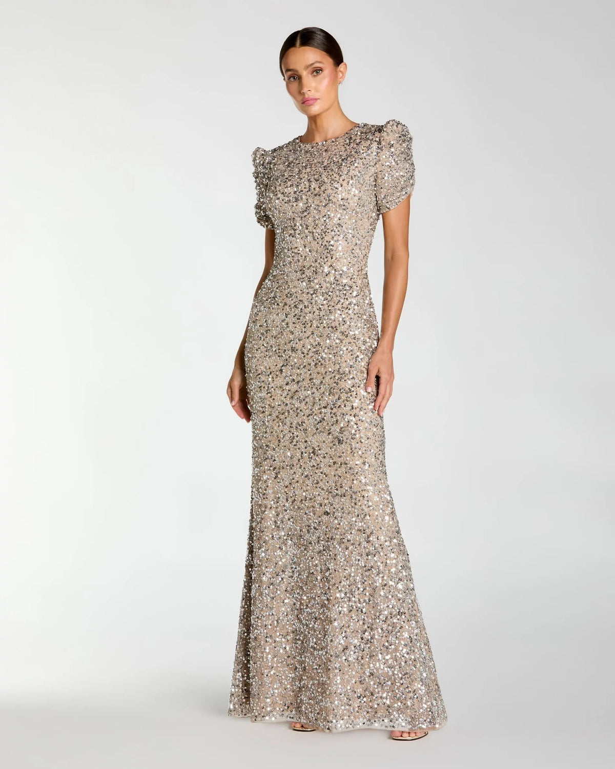 Mac Duggal #24003 nude silver gathered short sleeve embellished gown