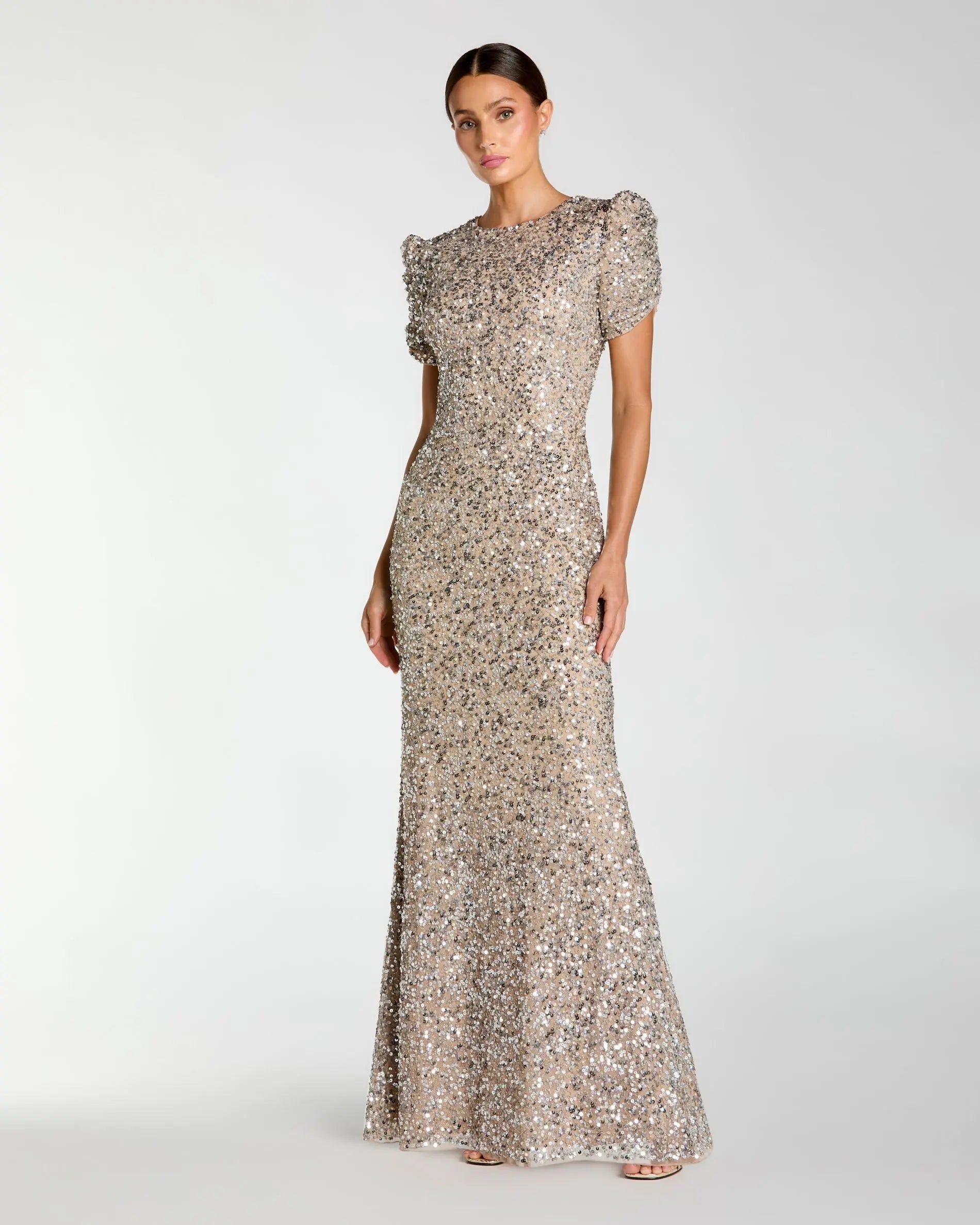 Mac Duggal #24003 nude silver gathered short sleeve embellished gown