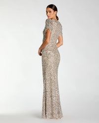 Mac Duggal #24003 nude silver gathered short sleeve embellished gown