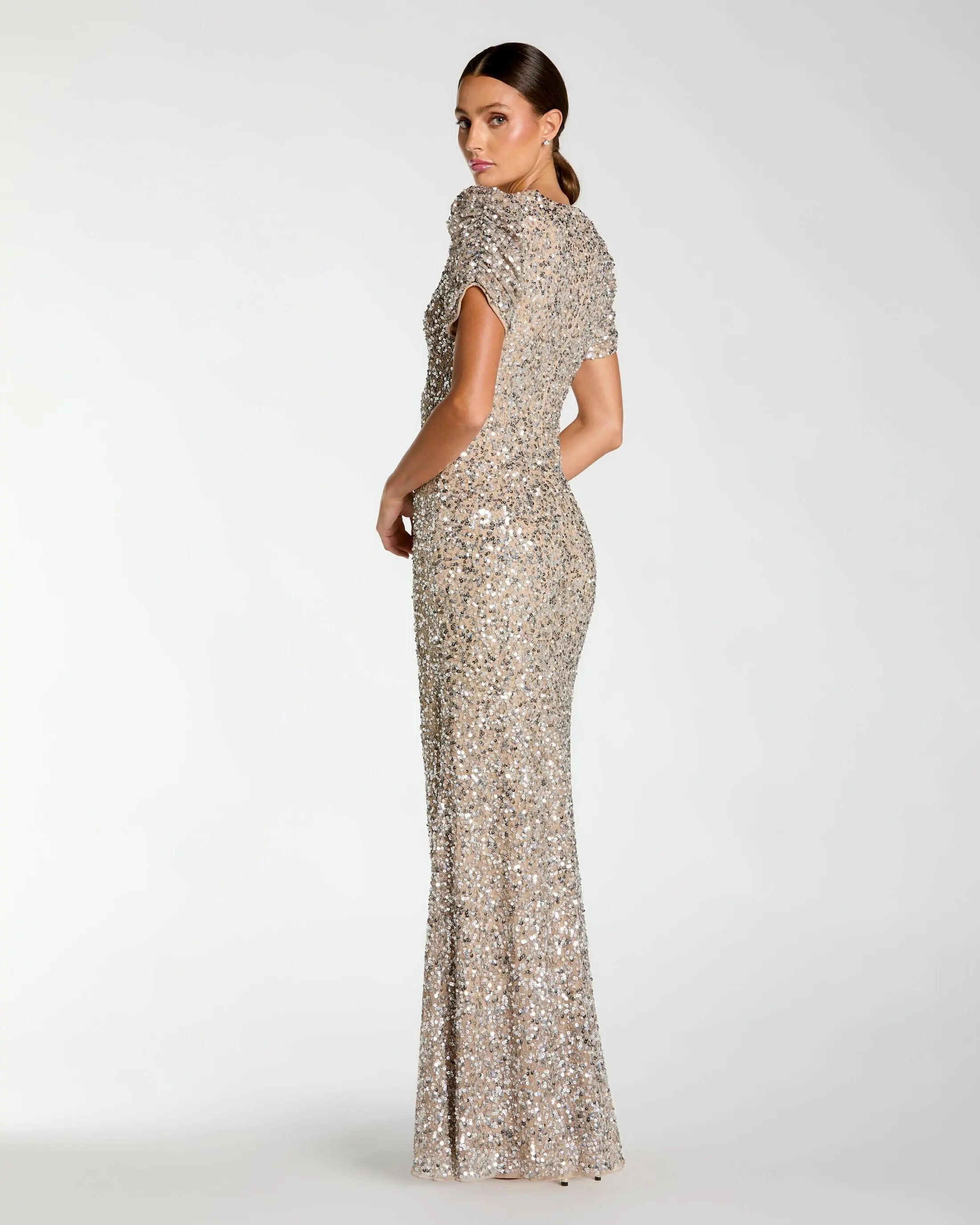Mac Duggal #24003 nude silver gathered short sleeve embellished gown