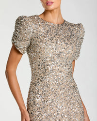 Mac Duggal #24003 nude silver gathered short sleeve embellished gown
