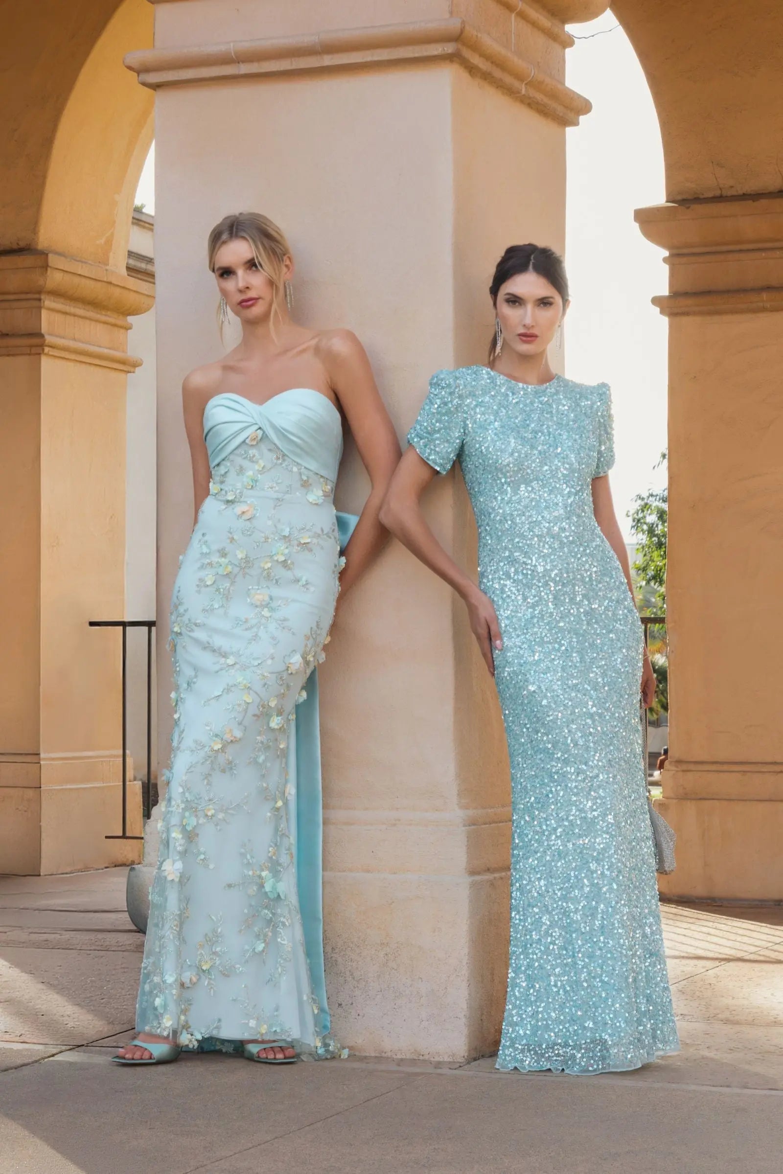 Mac Duggal #24003 powder blue gathered short sleeve embellished gown