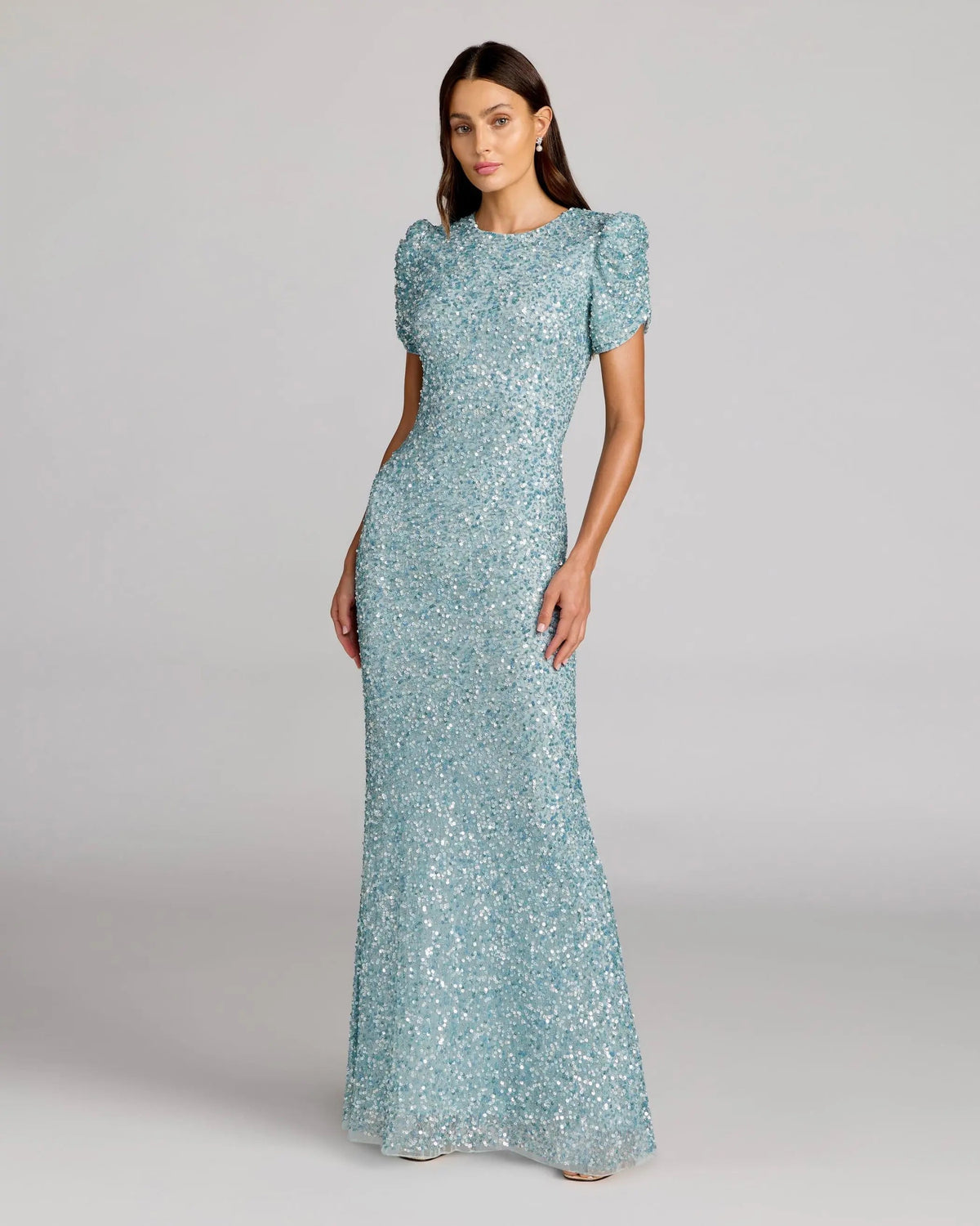 Mac Duggal #24003 powder blue gathered short sleeve embellished gown
