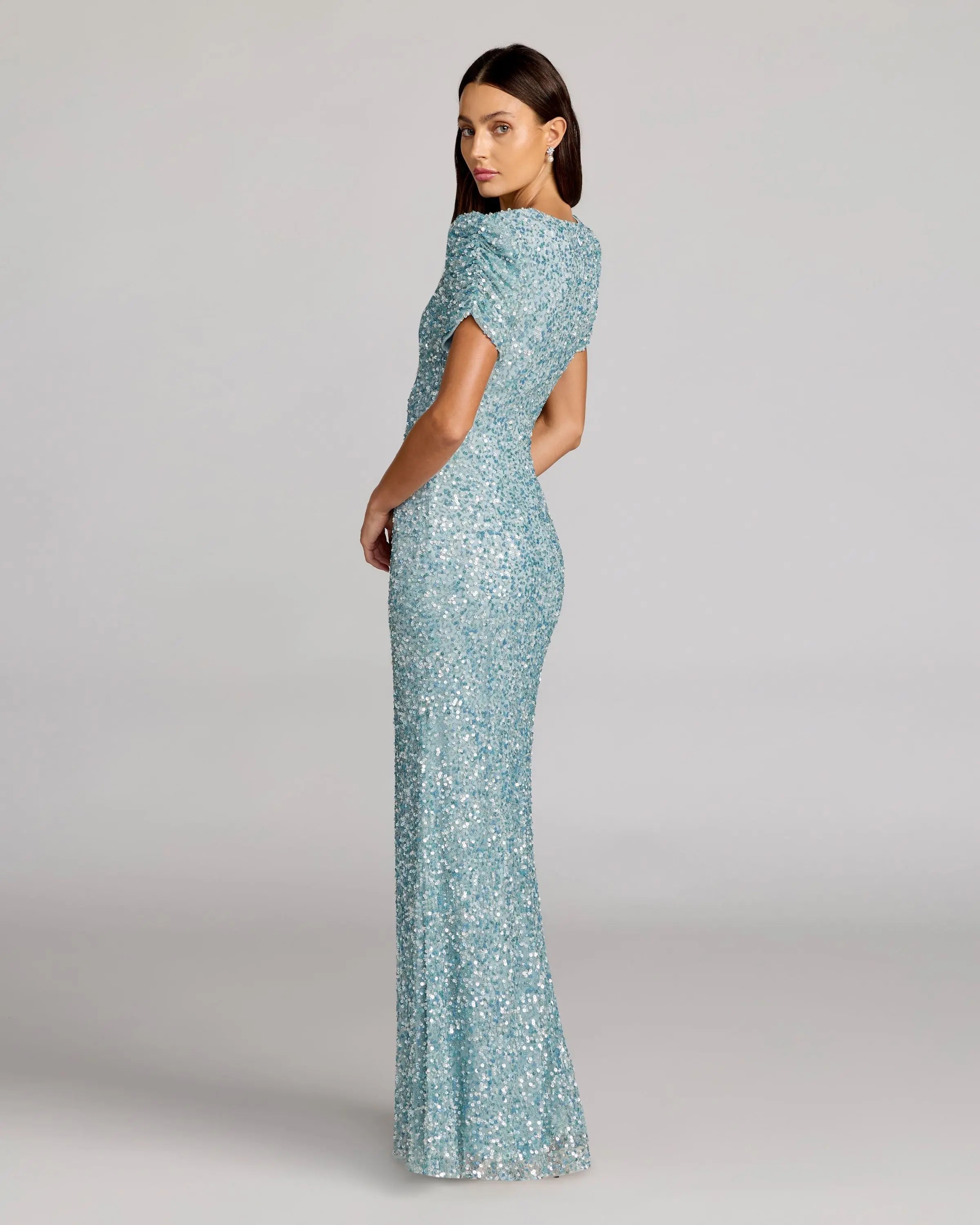 Mac Duggal #24003 powder blue gathered short sleeve embellished gown
