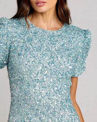 Mac Duggal #24003 powder blue gathered short sleeve embellished gown