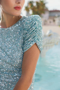 Mac Duggal #24003 powder blue gathered short sleeve embellished gown
