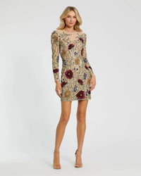 Mac Duggal 24006 Nude Multi floral beaded long sleeve mini dress - Front