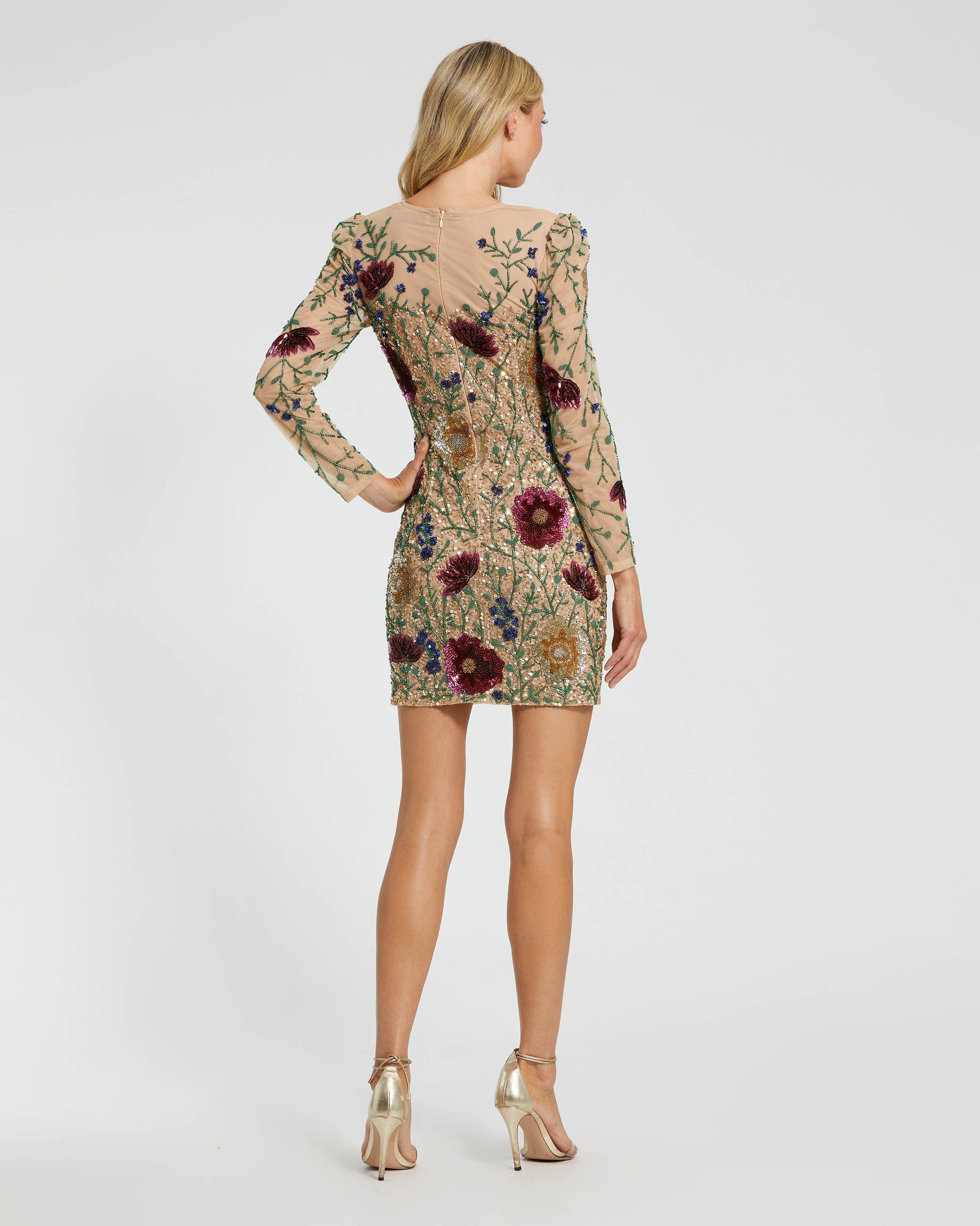 Mac Duggal 24006 Nude Multi floral beaded long sleeve mini dress - Back view