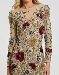 Mac Duggal 24006 Nude Multi floral beaded long sleeve mini dress - Close up detail