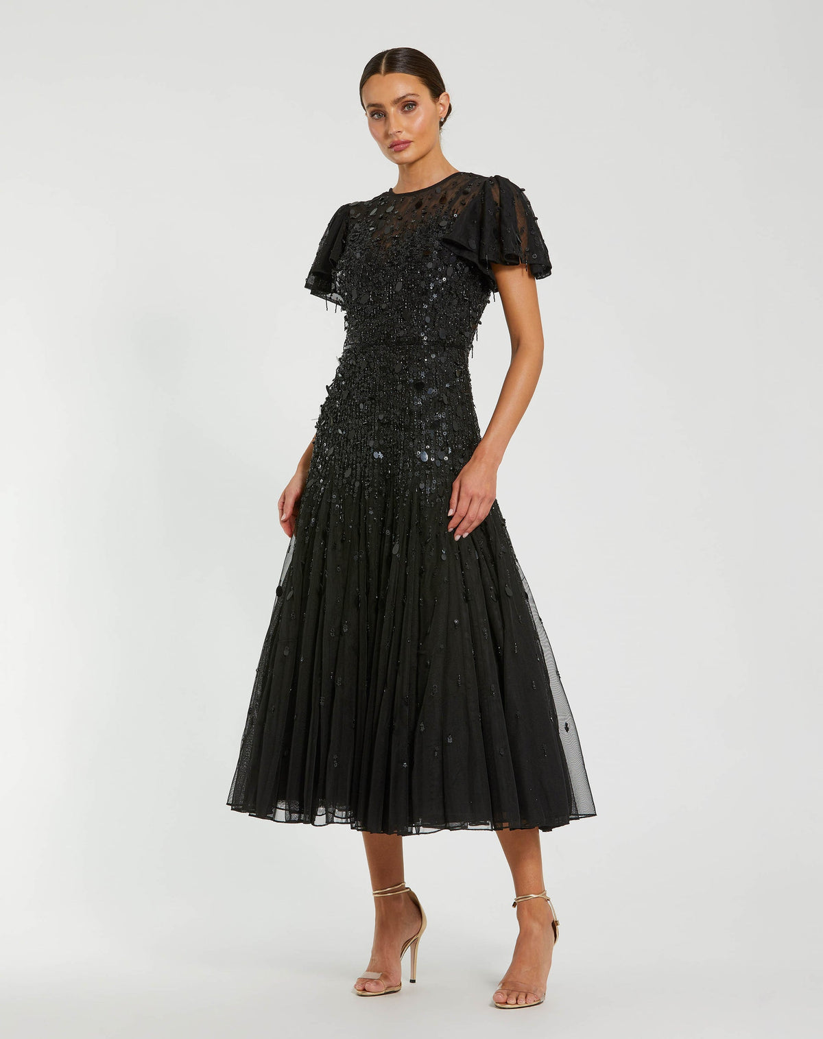Mac Duggal #24018 Flutter Sleeve Fringe Beaded Dress