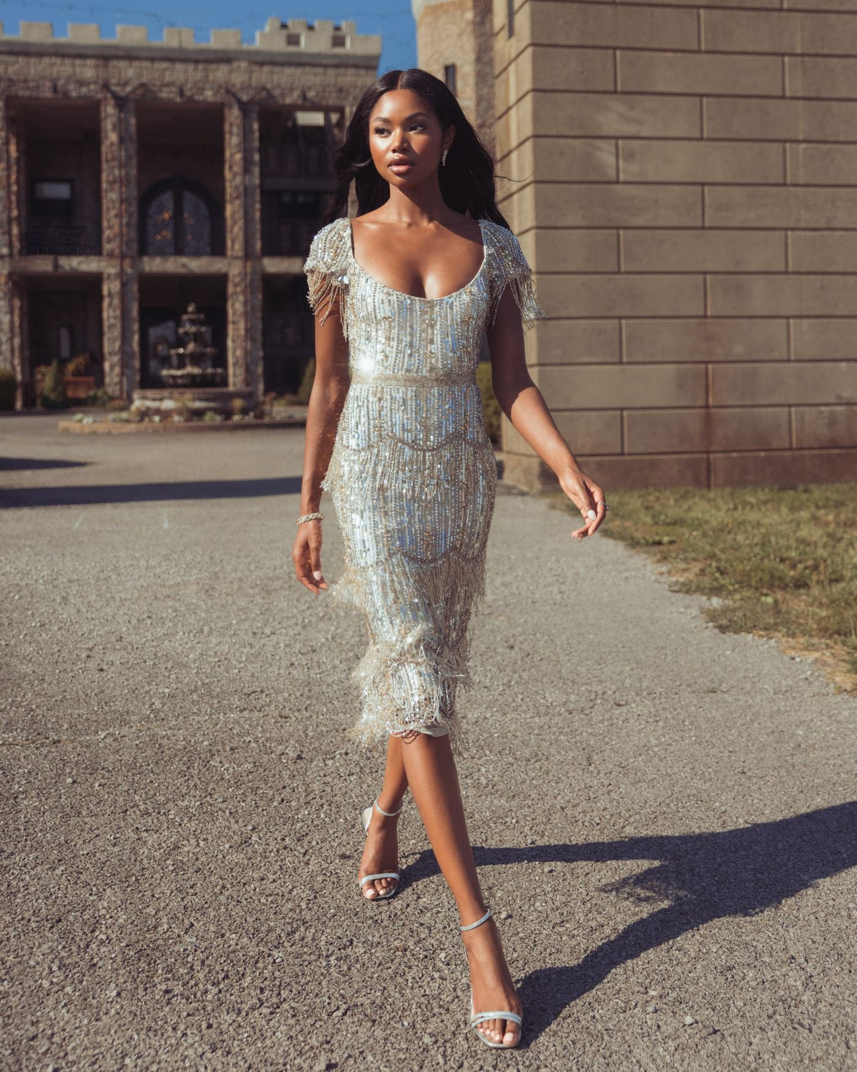 Mac Duggal #24020 light gold beaded fringe midi dress